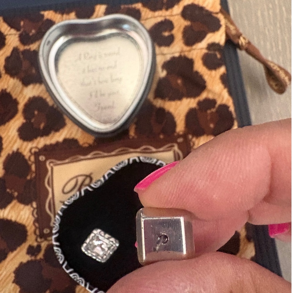 Brighton Silver Tone Square Scroll Filigree Clear Crystal Stud Earrings with Tin - Picture 5 of 7